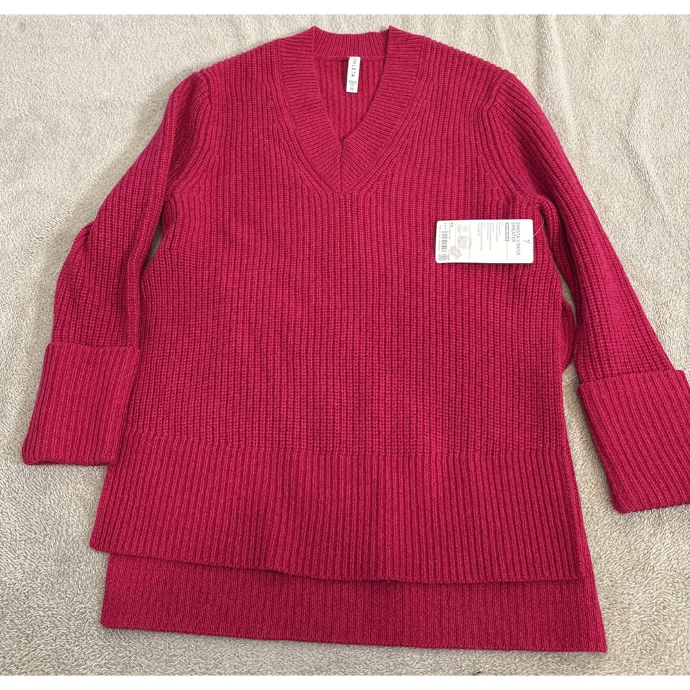 Athleta Shasta V-Neck Sweater Women Oversized XS Cyclamen Marl NWT Pink Red Rib